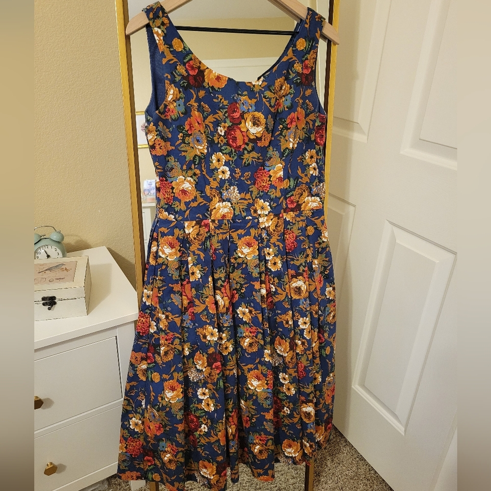 Lindy Bop Navy Blue Floral Print Vintage Style Dress UK 12 US 8